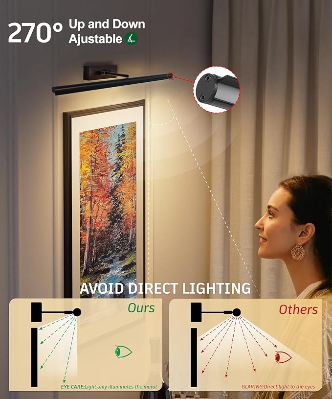 Battery Operated Picture Light with Wireless Remote 3CCT Dimmable Gold Wall Art Lights for Paintings 3 Color Rechargeable cordless decor Gallery Light 20’‘ Artwork Lighting for Canvas Timer Function