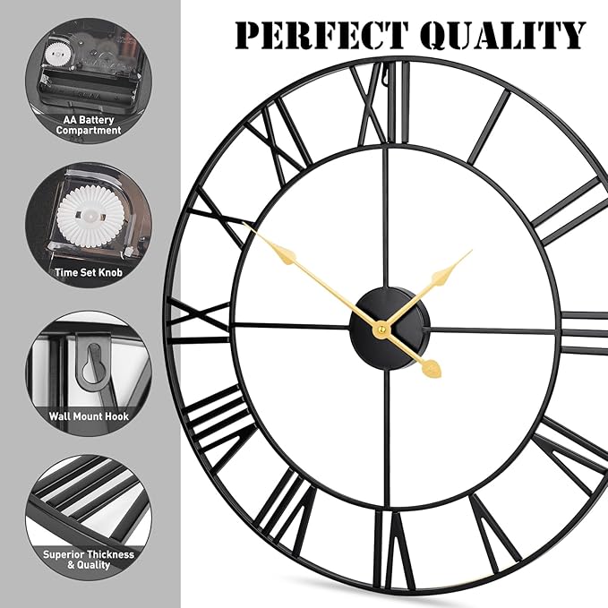 Large Wall Clock, 24-Inch Roman Numeral Decorative Art,Completely Silent, Non Ticking, Battery-Operated Metal Wall Clock for Living Room, Bedroom and Kitchen-Black&Gold Hands