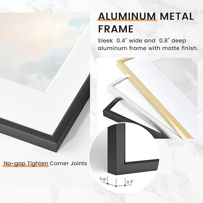 16x20 inch Metal Picture Frame - 16 x 20 Thin Aluminum Photo Frames with 11x14 Removable Mat - High Definition Plexiglass - Vertical and Horizontal Display - Wall Hook Hanging Hardware Included - Black, Set of 1