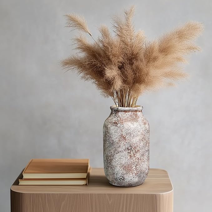 Ceramic Rustic Farmhouse Vase, Terracotta Pottery Flower Vase, Farmhouse Decor for Shelf, Table, Living Room, Bedroom Decor, 9 Inch