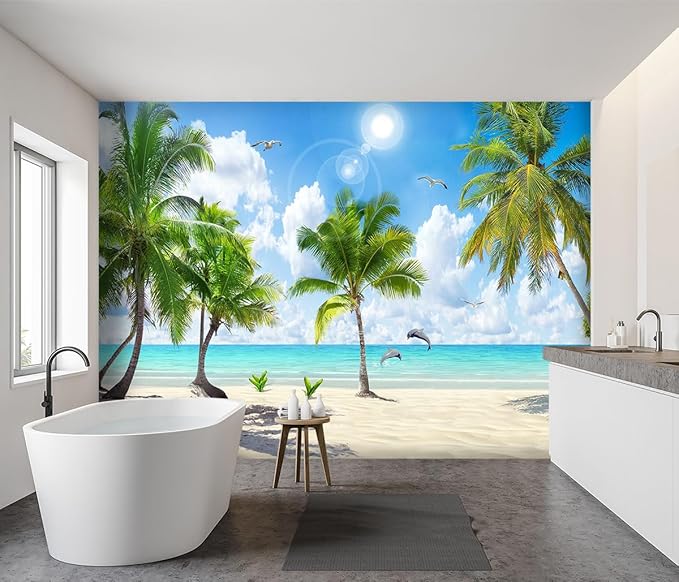 -Tropical Beach Palm Leaves Living Room Fabric Wallpaper Ocean Dolphin Plants Boys Girls Kids Room Bathroom Bedroom Large Mural- 160"x108"（ not Peel and Stick）