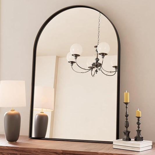 TETOTE Black Arched Mirror for Bathroom, 24 x 36 Matte Black Metal Framed Arch Bathroom Mirror, Tempered Glass Decorative Rustic Wall Mirror for Fireplace, Entryway, Living Room