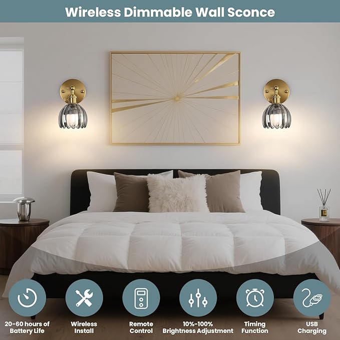 Battery Operated Wall Sconce Set of 2 with Smoke Gray Floral Glass Shade Vintage Wireless Wall Light with Remote Control for, Living Room, Bedroom and Bathroom Timer/Memory Function/Dimmer