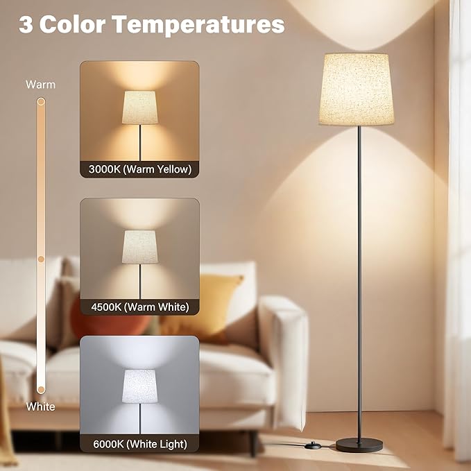 Floor Lamp with Linen Shade - 62" Tall LED Standing Lamp with Foot Switch, 3 Color Temps, 9W E26 Bulb Included, Black Floor Reading Light Corner Lamp for Living Room Bedroom Office Dorm