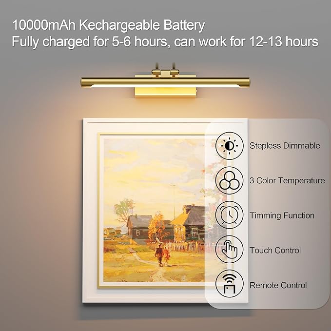 Cordless Picture Light with Remote, Battery Operated Wall Sconce for Artwork, 3 Colors Painting Light Dimmable and Timer, Wireless Art Light for Display (Gold)
