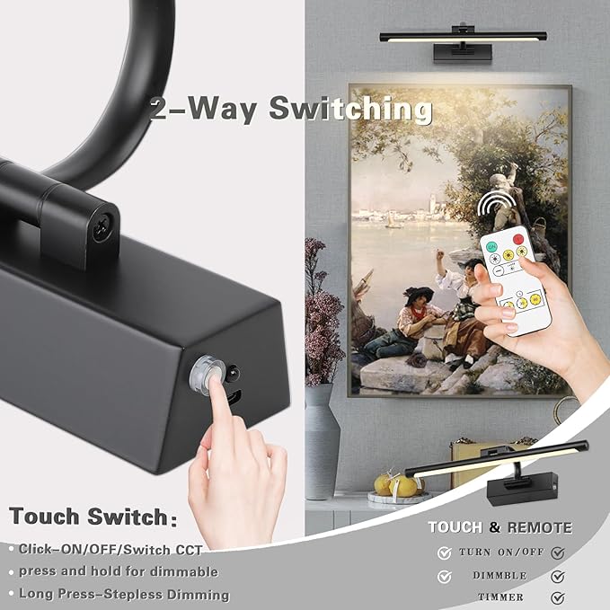 JUSHENG Black Picture Light Battery Operated 15.75'' Inch, Rechargeable Gallery Lighting with Swing Arm and Dimmable Function, Full Metal Wireless Painting Lights for Display, Portrait, Artwork 3W