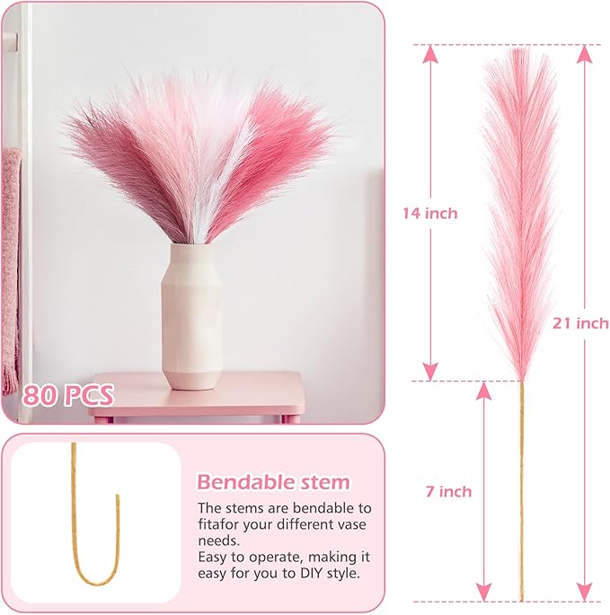80 Pcs Pampas Grass Decor 21.7" Fluffy Pink White Violet Faux Short Pampas Grass Artificial Small Pompas Grass Flower Vase Filler for Home Wedding Decoration