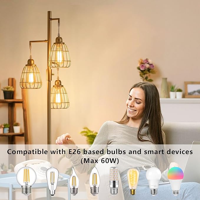 9MMML Gold Dimmable Floor Lamp,Industrial Farmhouse Tall Standing Floor Lamp for Living Room, Bedroom, Corner,Office,Gold 3 Teardrop Cage Lampshade,68”Height,3 LED Bulb Included