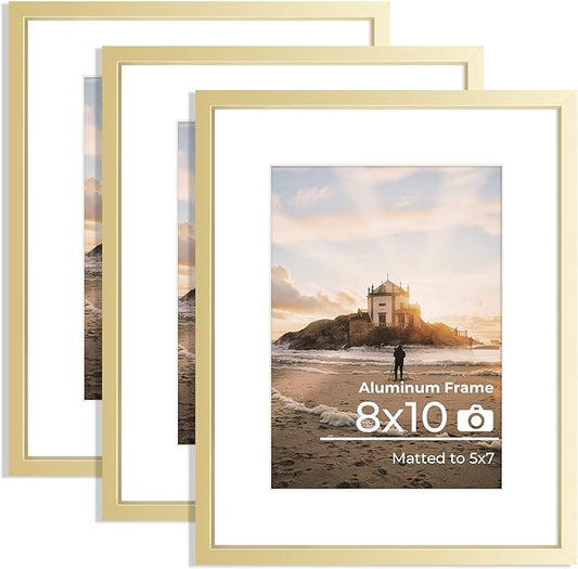 8x10 Picture Frame, High End Metal 8x10 Poster Frames with Mat 5x7 Photo, High Definition Plexiglass, 8 by 10 Durable Metal Frame for Wall or Tabletop Display, Set of 3,Golden
