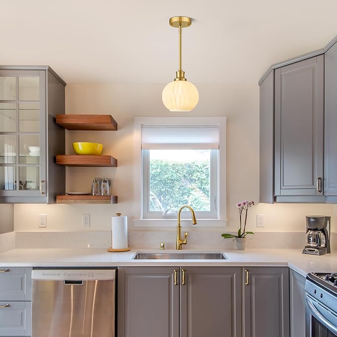 Milk Glass Pendant Lights Kitchen Island, 1-Light 7.1" Brushed Gold Modern Pendant Light Fixtures with Rods, Globe Hanging Lighting for Kitchen Sink Bathroom Dining Room, E26 Base