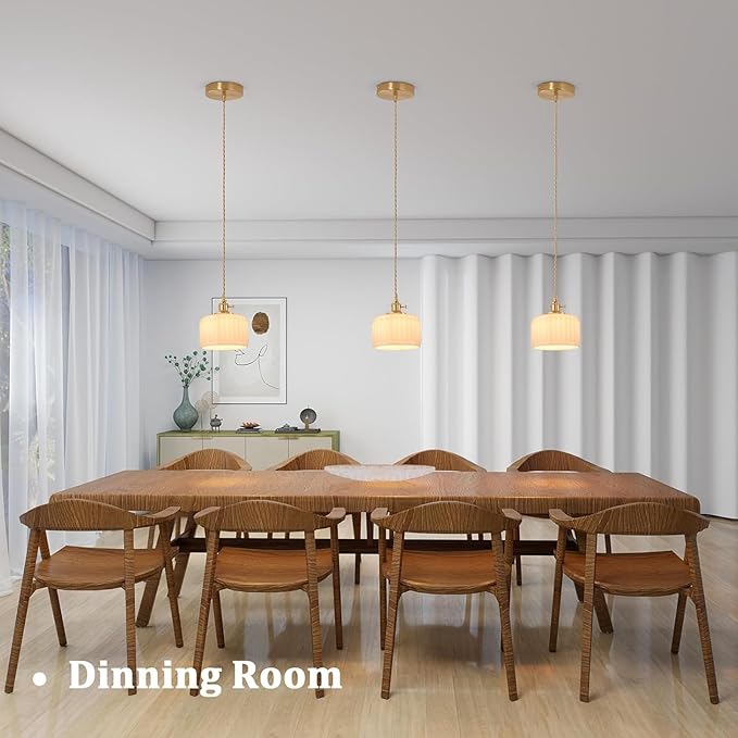 Pendant Light 2 Pack with White Striped Glass Lmapshade, Brass Vintage Pendant Light Adjustable Hanging Light for Kitchen Island Dining Room Hallway