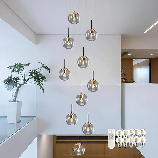 KoKo&Yukina Gold 10-Light Chandelier Modern Stairwell Lighting Adjustable Globe Cluster Lights with Grey Glass for Staircase