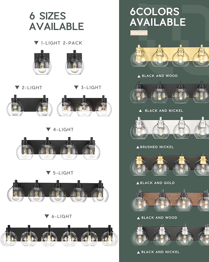 Bathroom Light Fixtures, 2 Light Matte Black Vanity Light, Modern Wall Sconces with Clear Glass Globe Shade, Bathroom Wall Lights Over Mirror Kitchen Bedroom Hallway, VL195-MB-2