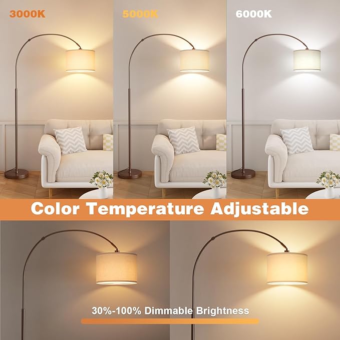 Ambimall Dimmable Arc Floor Lamp with Remote, Color Temperatures and Brightness Adjustable, Arched Floor Lamp with Rotating Head, Over Couch Arched Reading Light for Living Room (Deep Beige and Brown)