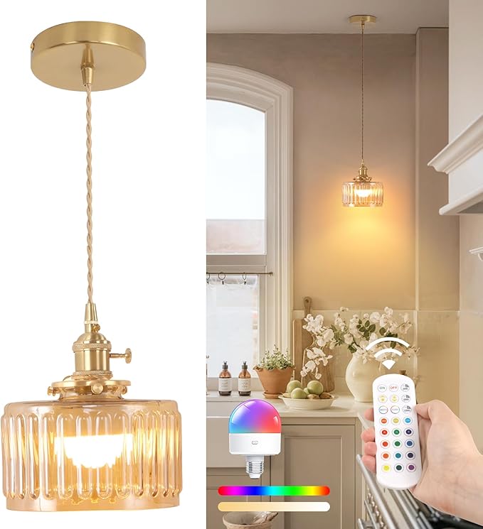 Battery Operated Pendant Light 5000mAh Rechargeable Chandelier with Remote Control Wireless Adjustable Hanging Amber Striped Light for Kitchen Island Dining Room Hallway
