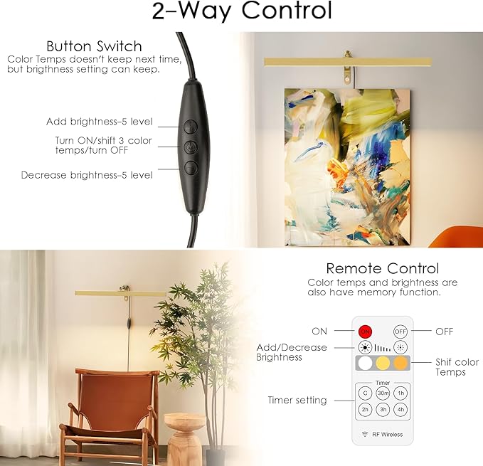 Glod LED Picture Lights for Paintings Plug in,15.75 Inch Adjustable Art Light for Display Art Work, 3 Color Lighting, Plug in Picture Light with Remote for Frame Dartboard, Gold