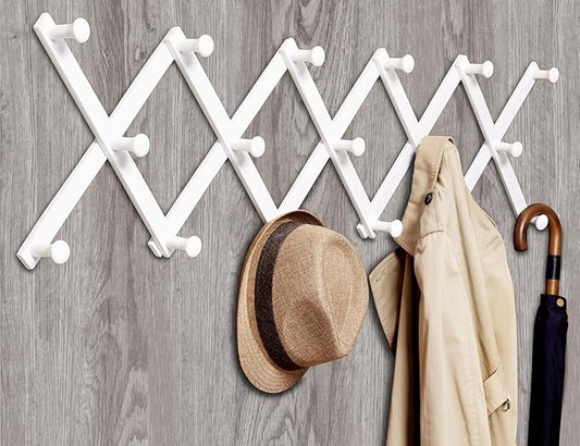 Amber Home Wood Accordion Wall Rack 17 Hooks (Pegs), Expandable Wall Mounted Hanger for Coat, Hat, Scarf, Coffee Mugs, X Shape Coat Hooks (White Color)
