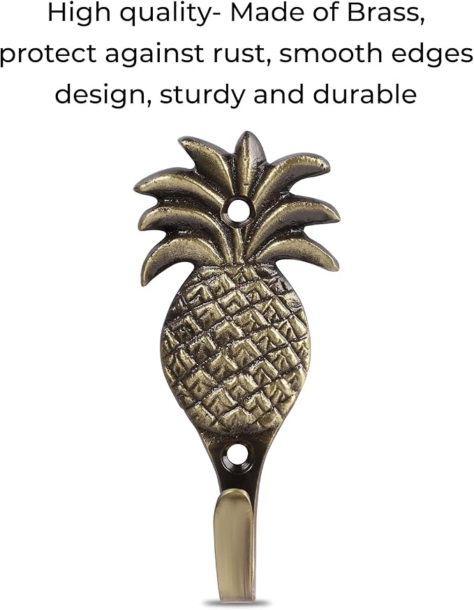 Multipurpose Hooks, Used to Hang Clothes, Bags, Coats, Curtain Hold Backs, Keys, Colour - Antique Gold, Material - Brass, Pineapple Design, Screws and Wallplugs Included, Pack of 2 Pieces