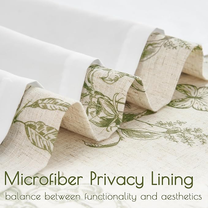 Lazzzy Green Floral Lined Linen Farmhouse Curtains 84 Inch Long Back Tab Drapes for Living Room Bedroom Light Filtering Vintage Rod Pocket, 2 Panels, Green on Beige