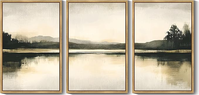 KUVIOKE Watercolor Abstract Mountain Lake Framed Wall Art Brown Landscape Nature Wilderness Painting Nordic Neutral Tan Illustration Decorative Home Decor 24x36in (Natural Framed)