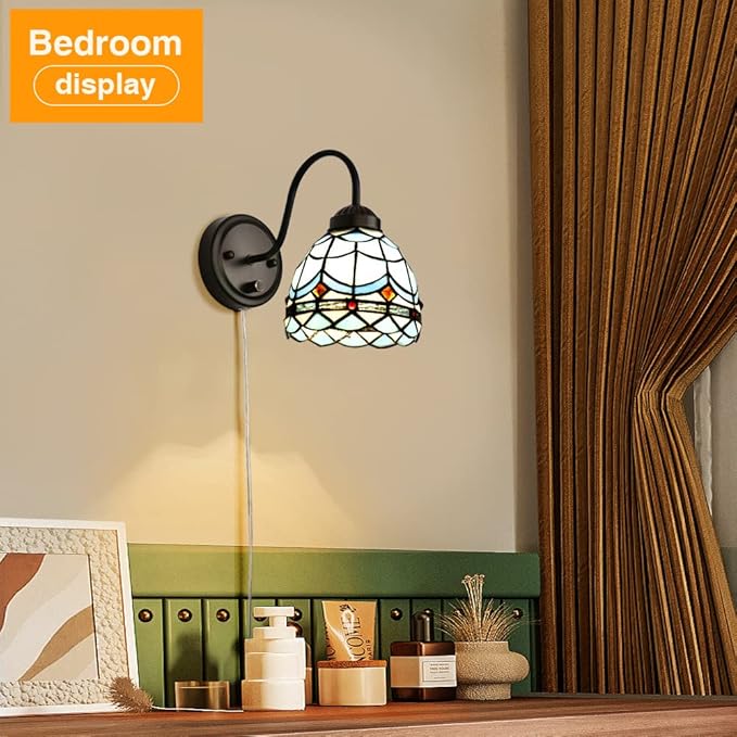 Tiffany Bedside Wall Mount Lamp with Dimmable Switch, Industrial Vintage Gooseneck Wall Sconce with Plug in Cord, Wavy Blue Stained Glass Shade Wall Light Perfect for Bedroom, Living Room