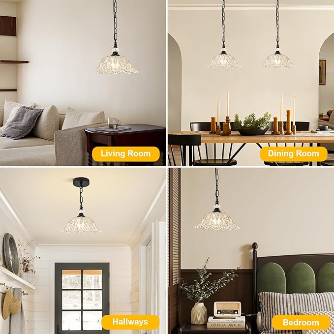 1 Piece Black Chandelier Light Fixtures with Crystal Glass Shade, Black Farmhouse Pendant Light,Hanging Light for Dining Room,Hallway,Living Room,Bedroom