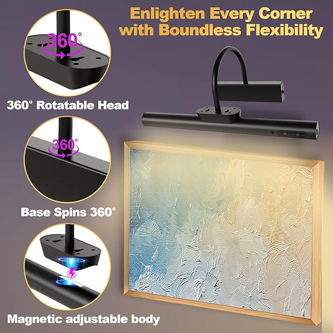 Dimmable Cordless Picture Light with Controller and Timer, Rechargeable Battery Wall Sconce for Wall Pictures, Gallery Artwork, Paintings, Portraits, Dartboards (Black)