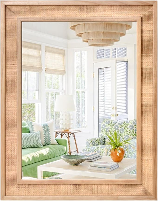 Rattan Wall Mirror 27" X 34" inch Rectangle Wooden Framed Mirror Farmhouse Vanity Mirror Modern Boho Decorative Wall Mirror Hanging for Bathroom Living Room Entryway Bedroom Nature