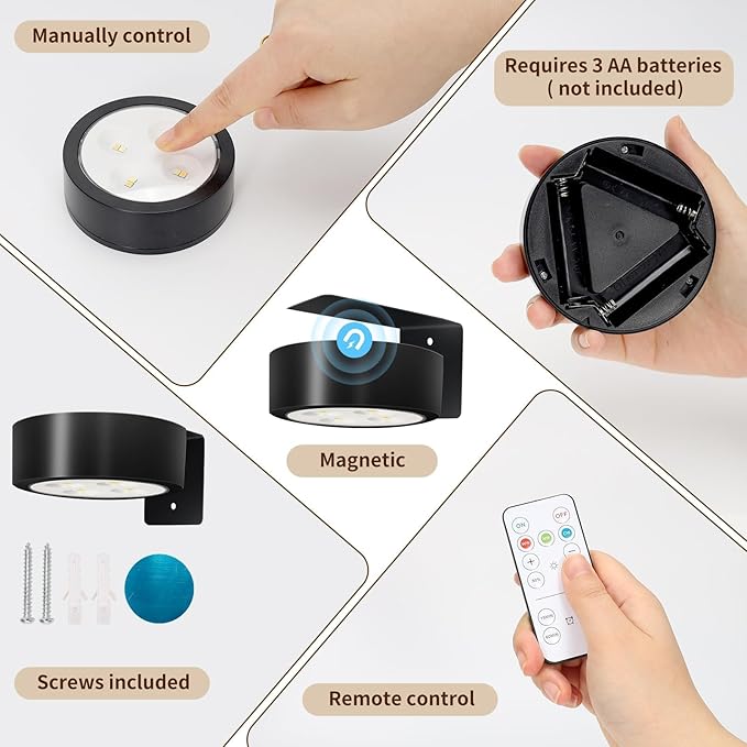 TTQ 4 PCS Magnetic Picture Lights for Wall Battery Operated,Wall Painting Light with Wireless Control,Art Display Light,Wall Decor Puck Lights for Picture Frame Portrait Artworking