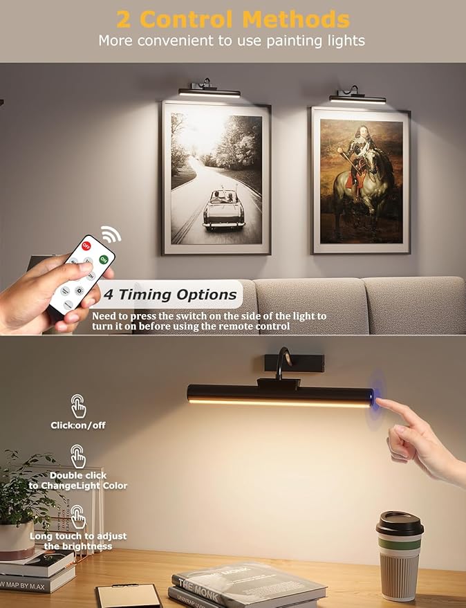 Picture Light, Wireless Picture Light with Remote, Battery Operated 5000mAh, 3 Color Modes and Dimmable LED Lights with Timer for Paintings, Gallery, Wall, Dartboard, Bedroom (Black-1Pack)