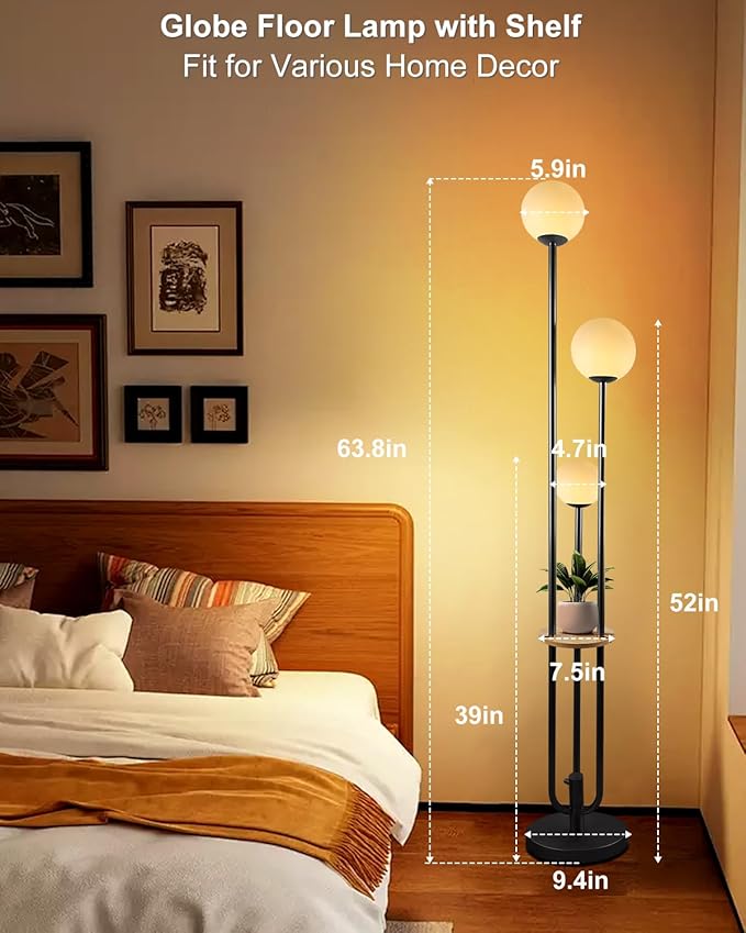 63IN Dimmable Floor Lamp with Shelf, Unique Globe Black Tall Standing Lamps Candle Holder Style, 3000K Warmwhite Mid Century Modern Floor Lamp for Living Room Home Office(Bulbs Included)