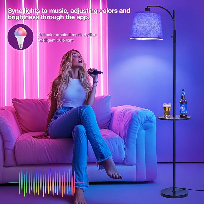 AIDENOEY Smart Floor Lamp with Side Table | Stepless Dimming, RGB Multi-Color | Adjustable Swivel Head | Voice Control with Alexa & Google Assistant |Black Lamp for Living Room,Bedroom,Home Office