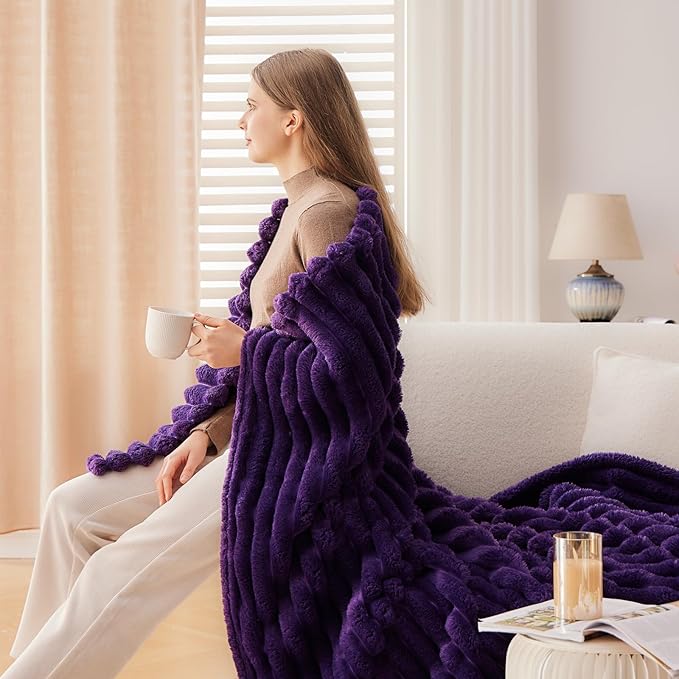 NEWCOSPLAY Super Soft Throw Blanket Purple Premium Silky Flannel Fleece 3D Ribbed Jacquard Lightweight Bed Blanket All Season Use (Purple Ribbed, Throw(50"x60"))