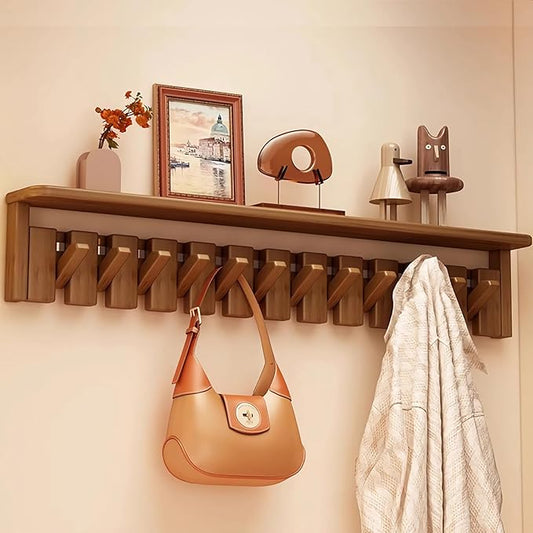 Wall Mounted Piano Key Hanger | Flip Style Hook | Entrance Wall Art Hook, Made of Oak Wood (3 Times Painted, 4 Times Polished) (Tray Walnut, 12Hooks)