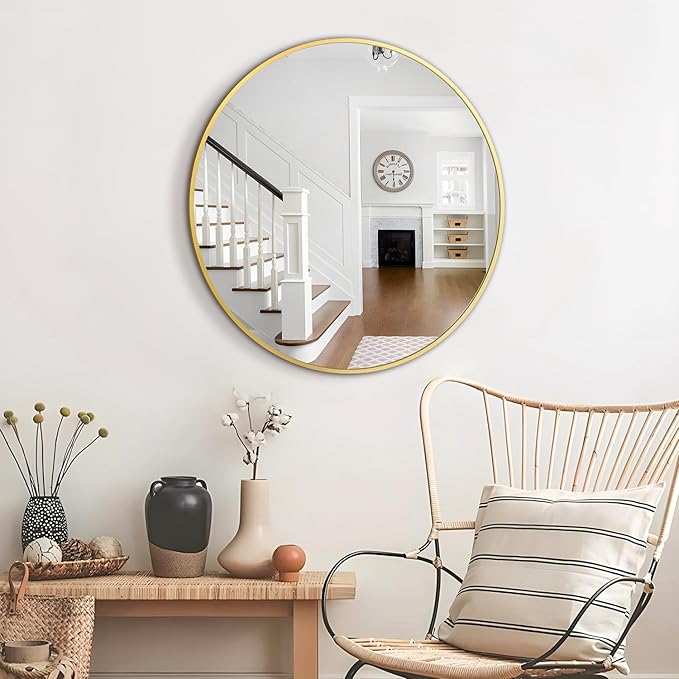 Circular Mirror Gold Round Mirror 18 Inch Round Bathroom Mirror Wall Mirrors Brushed Metal Frame Anti-Rust Tempered Glass for Bathroom Bedroom Entryway Living Room