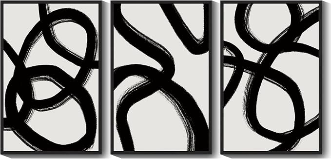 KUVIOKE Black and Wahite Abstract Framed Wall Art Ink Wash Minimalist Lines Painting Artwork for Bedroom Hallway 24x36in (Black Framed)