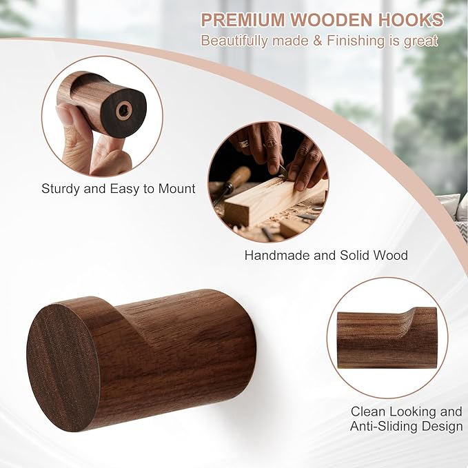 Wood Wall Hooks for Hanging, 6 Pack Rustic Coat Hooks Wall Mount, Handmade Wooden Pegs Hat Hook, Entryway Walls Hanger for Coat Purse, Boho Bathroom Towel Rack (Walnut Wood)