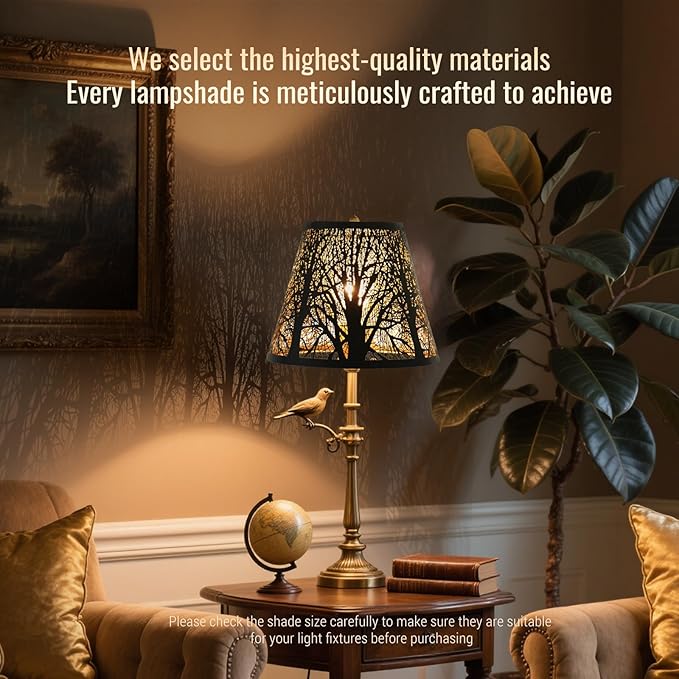 Small modern black gold lamp shades,metal boho scalloped lamp shade,Lamp shade replacement 5" top, 9" bottom, 7" high (Spider Fitter) lamp shades for table lamps and floor lamp,Unique Forest Etched