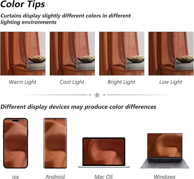 Guken Terracotta Linen Curtains 96 Inch Length for Living Room Bedroom 2 Panels Set Rod Pocket Light Filtering Semi Sheer Window Curtains 52 Inch Width Boho Farmhouse Linen Drapes, W52xL96