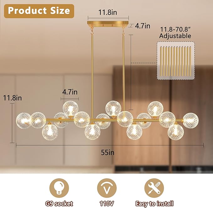 Modern Chandeliers for Dining Room Clear Glass 55" Large Dining Room Light Fixture, Gold Linear Sputnik Chandeliers Farmhouse Chandelier Kitchen Island, Electroplated Brass and Swirled Globe Shade