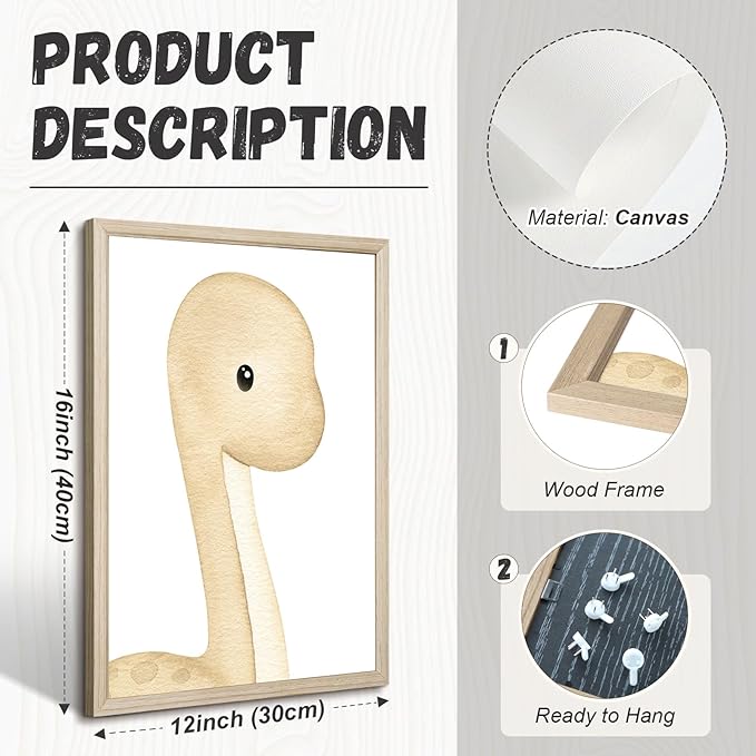 Dinosaur Wall Art Kids Boys Room Canvas Wall Decor Dino Nursery Wall Art Pictures Baby Dinosaur Poster Prints for Boys Bedroom Bathroom 12x16 Inch Wood Framed Set of 3