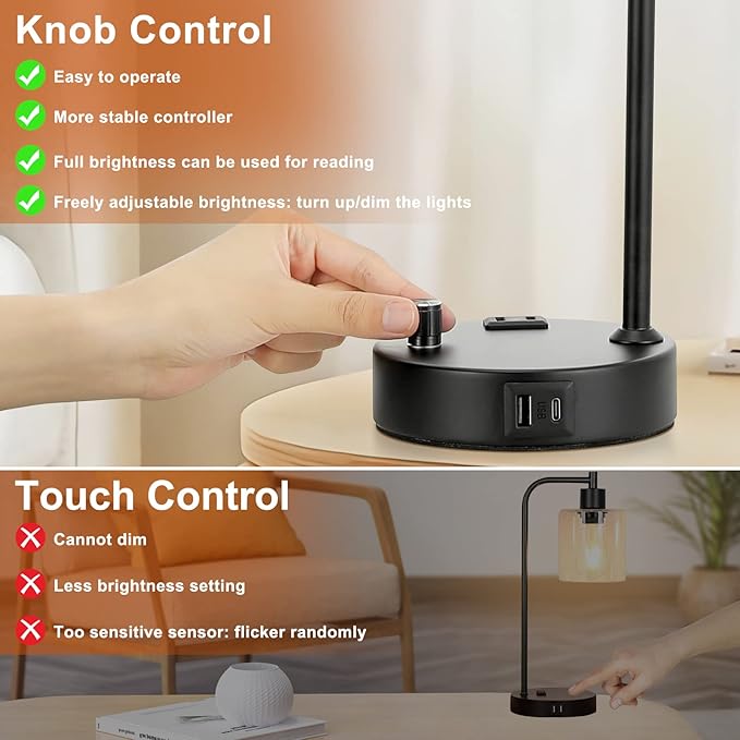Industrial Bedroom Lamps for Nightstand Set of 2 - Fully Dimmable Bedside Lamps with USB A C Ports and Outlet, Black Table Lamps with Opal Glass Shade for Living Room, Desk Lamps for Office Reading
