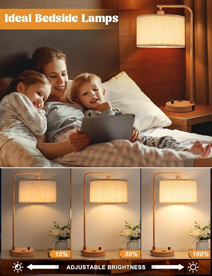 Wood Tall Table Lamp with USB Port and Outlet, Dimmable Nightstand Bedside Lamps with Linen Lampshade, Desk Lamp for Bedroom, Living Room, Guest Room, Home Office, LED Bulb Included