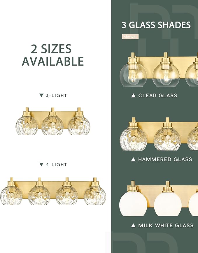 Bathroom Light Fixtures Over Mirror, 26" Brushed Gold Bathroom Vanity Light with Clear Hammered Glass Globe Shade, 4-Light Modern Sconces Wall Lighting, VL200-BG-CL-4