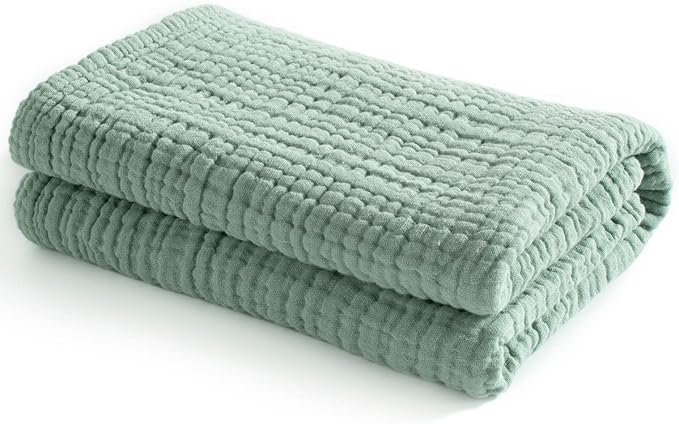 Carriediosa 100% Cotton Muslin Throw Blanket 108" X 90" King Size，4-Layers Summer Gauze Throws for Bed Couch，Soft Lightweight Breathable Linen Blankets Bedspread for Adults All Season，Sage Green