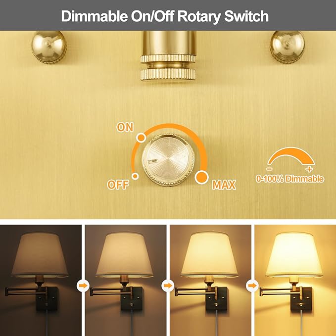 TRLIFE Wall Sconce Plug in, Brushed Brass Dimmable Wall Sconces Set of 2 Swing Arm Wall Lights with Plug in Cord and Dimmer On/Off Knob Switch, 9.4" Medium White Fabric Shade(2 LED Bulbs Included)