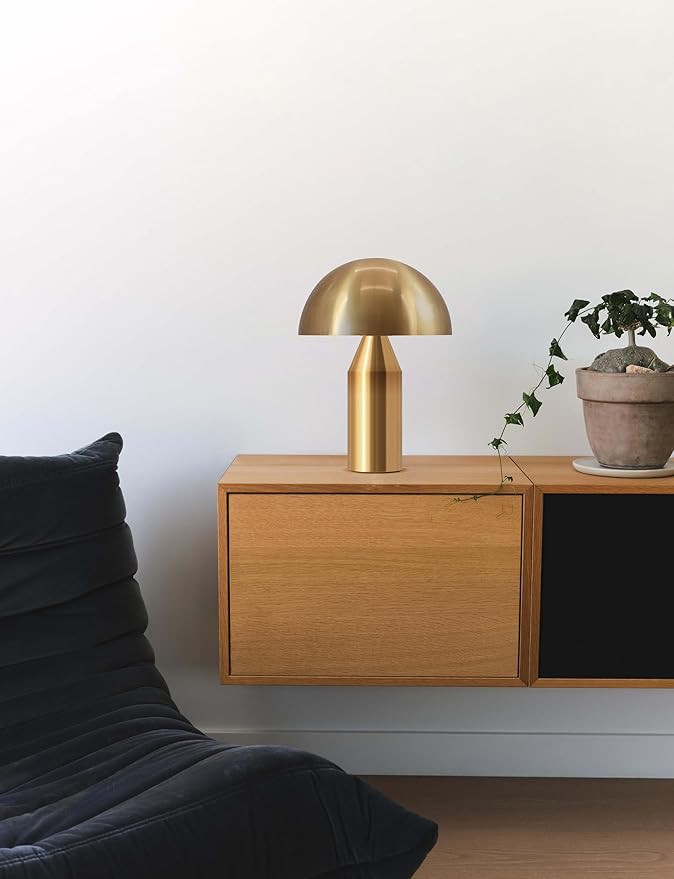 Brightech Venus Mushroom Table Lamp - Modern Lamp for Living Room, Bedroom Side/End Table - Dimmable, Unique Side Table LED Lamp Shade for Office, Reading - Brass/Gold, 14" Tall