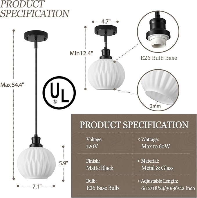 Milk Glass Pendant Lights Kitchen Island, 1-Light 7.1" Black Modern Pendant Light Fixtures with Rods, Globe Hanging Lighting for Kitchen Sink Bathroom Dining Room, E26 Base