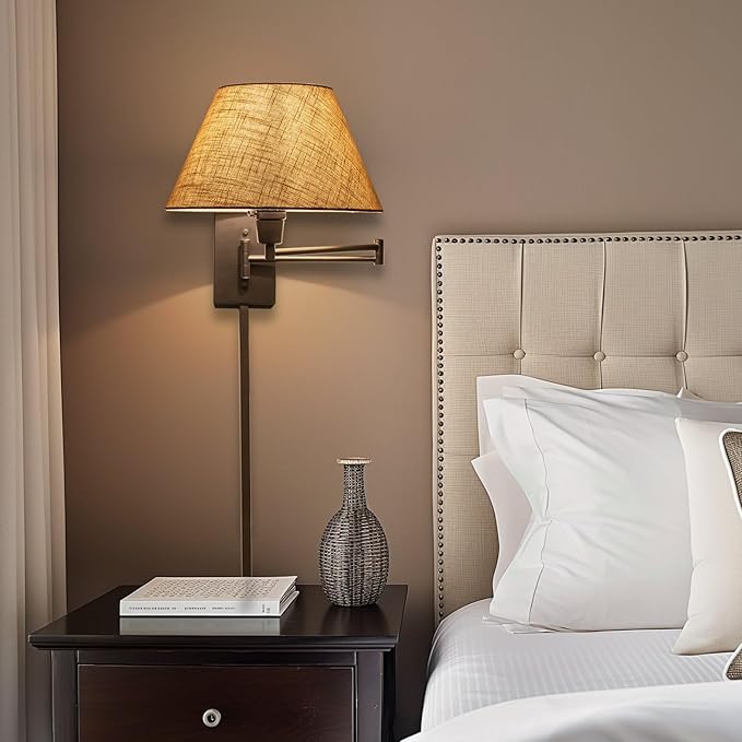 Kira Home Cambridge 15" Swing Arm Wall Lamp - Plug in/Wall Mount + Latte Mocha Fabric Shade, 150W 3-Way + Cord Covers, Black Finish, 2-Pack