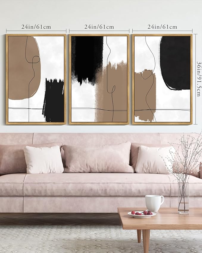 KUVIOKE Neutral Abstract Framed Wall Art Beige Mid Century Textured Wall Decor Minimalist Line Modern Illustrations Art Print Home Decor 24x36in (Natural Framed)